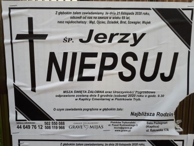2020.12.05 Pogrzeb Jerzego Niepsuja w Piotrkowie Trybunalskim