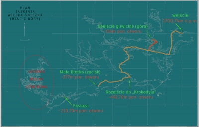 Plan Jaskini Wielka Śnieżna z adnotacjami